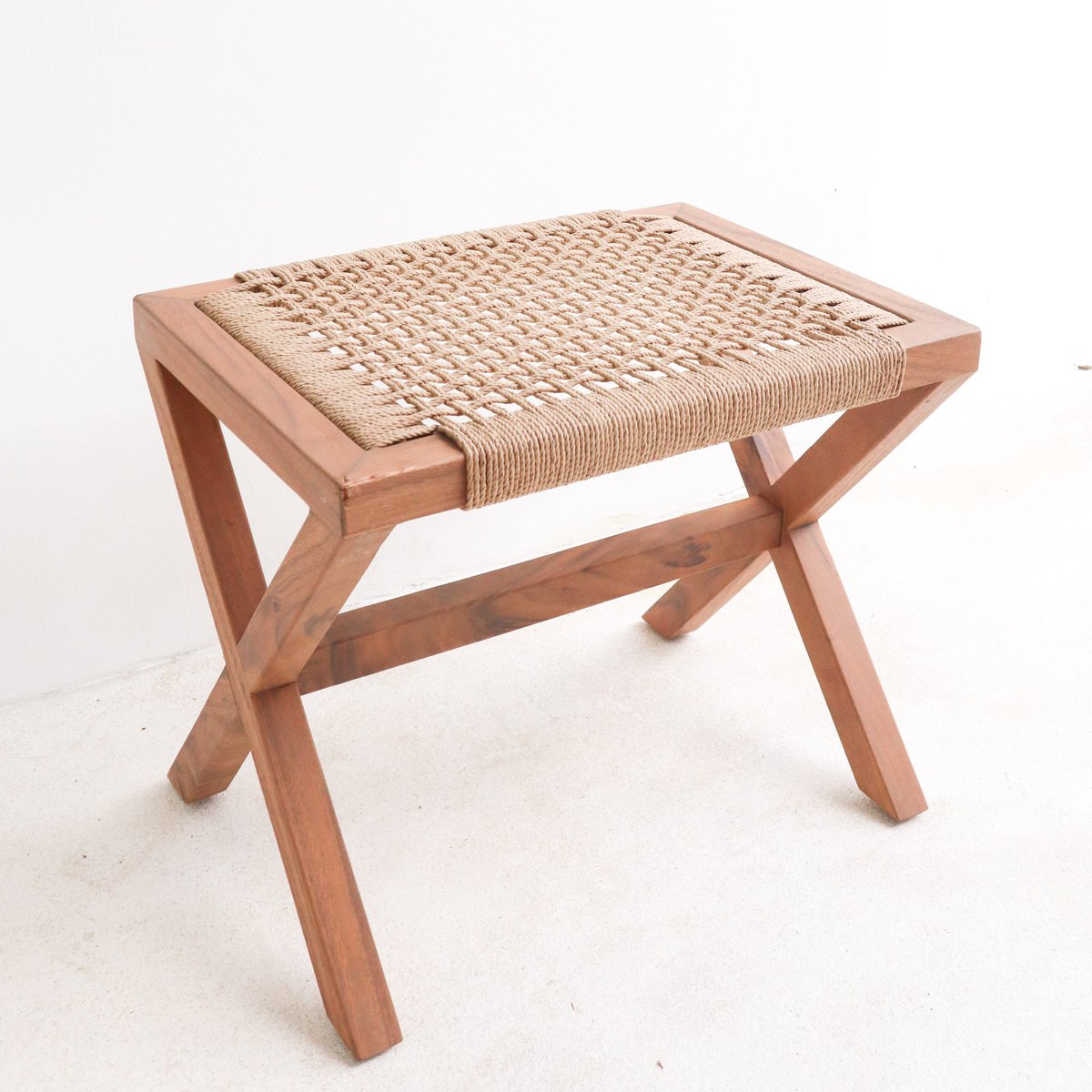 Large Wooden Stool INDRA (beige) made of Trembesi with a Seating Surface from Woven Recycled Paper - CozyVibe.eu
